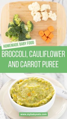 broccoli, cauliflower and carrot puree in a bowl on a plate