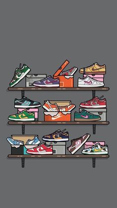 a bunch of shoes that are sitting on some shelves in front of a gray wall