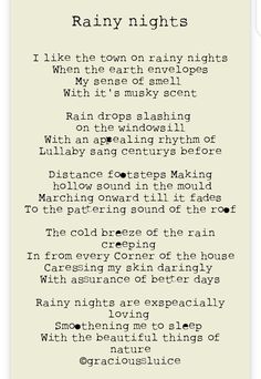 a poem written in black and white with the words rainy nights on it's side