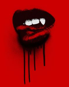 a red poster with dripping lips and white teeth