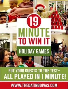 a collage of photos with text that reads 19 minute to win it holiday games put your guests to the test all played in 1 minute