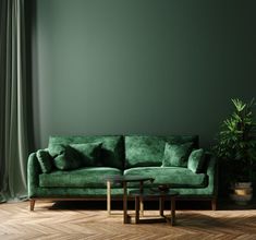 a living room with green walls and wooden flooring, two tables in front of the couch