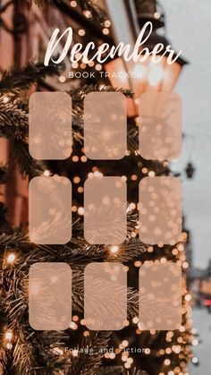 a christmas tree with lights on it and the words december in white overlays