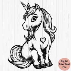 a black and white unicorn with a heart on it's tail, sitting down