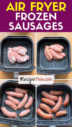 four pictures showing how to cook air fryer frozen sausages in the same pan