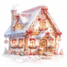 a watercolor painting of a house with candy canes and candies on the roof