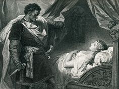 a man standing next to a woman in bed