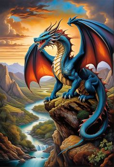 a blue dragon sitting on top of a cliff next to a river and mountains in the background