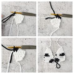 four pictures show how to crochet an object