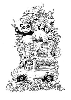 an ink drawing of a truck with many cartoon characters on the front and back, all in