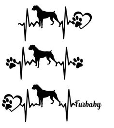 three dogs with heartbeats and paw prints on the side, one is in black