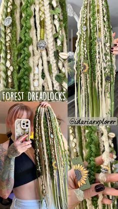 Custom half set of synthetic dreadlocks, made to order 🤍 Fern green color added elf-forest vibes to it 🌿✨   #dreads #blondedreads #dreadlocks #locs Green Locs, Dreadlock Ideas, Elf Forest, Dreadlock Journey, Green Dreads, Forest Vibes, Dread Locks, Blonde Dreads, Dread Jewelry