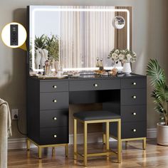 a vanity with a mirror, stool and plant in it next to a chair on the floor