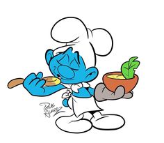 the smurf holding a potted plant in his hand and wearing a chef's hat