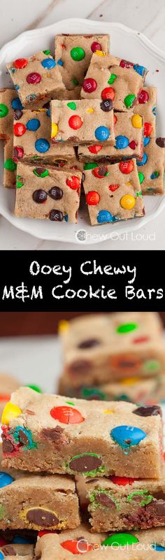 an assortment of cookies and candy bars on a white plate with the words, oreo chewy m & m cookie bars