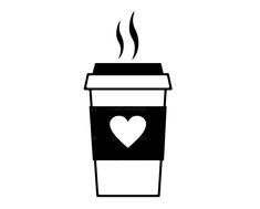 a coffee cup with a heart on the top and steam coming out of it, black and white