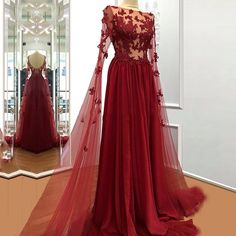 Appliqued Sheer Bodice Dark Red Long Pageant Dress