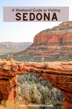 a person standing on top of a cliff with the words sedona over it