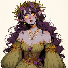 a drawing of a woman with long purple hair wearing a green dress and flowers in her hair