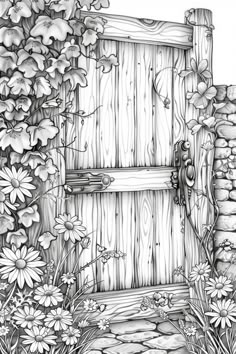 a drawing of a wooden door surrounded by flowers