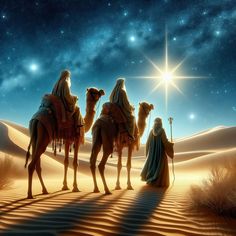 three wise men riding on camels in the desert at night with stars above them