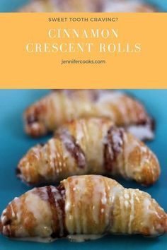 cinnamon crescent rolls on a blue plate with text overlay