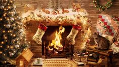 a living room decorated for christmas with fireplace and stockings