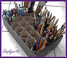 pencils and pens are arranged in a container