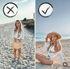 a woman sitting on top of a sandy beach next to a clock with an x sign above her head