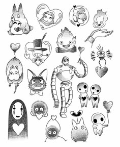 cartoon characters drawn in black and white with hearts, cats, birds, and other items