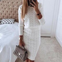 Material: Polyester Gender: Women Item Type: Two-Piece Color: White Size: S,M,L,XL,XXL White Sweater Dress, Modest Wear, Mode Inspo, White Sweater, Knit Outfit, Knit Fashion, Two Piece Dress, Piece Dress, Women's Casual