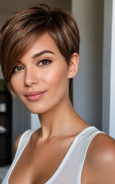 17 Honey Brown Hair Ideas For A Fresh Look - Best Review Brunette Pixie Cut, Brown Hair Ideas, Brown Pixie Cut, Headbands For Short Hair, Longer Pixie Haircut, Wavy Bob Haircuts, Short Red Hair, Honey Brown Hair, Long Face Hairstyles