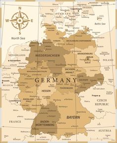 a map of germany with all the major cities and towns in brown on white background