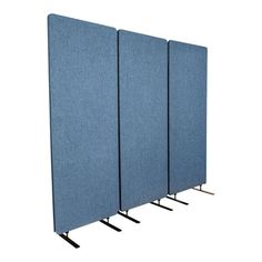 three blue partitions with metal legs are shown against a white background and the wall is empty