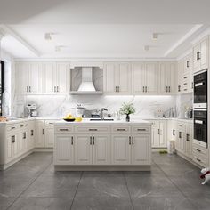 a large kitchen with white cabinets and marble counter tops on the floor is pictured in this image