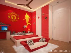 a soccer themed bedroom with red and white decor