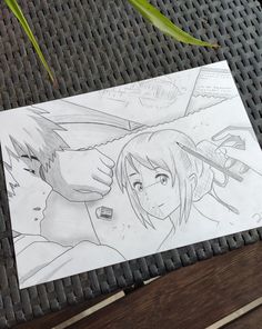 a drawing of two anime characters sitting on a bench next to a plant with leaves