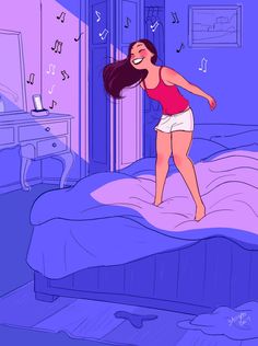 a woman in red shirt and white shorts standing on bed with musical notes above her head