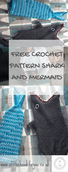 three crochet patterns with the words free crochet pattern shark and mermaid