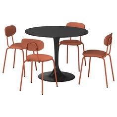 an orange table and four chairs with one chair upholstered to the top,