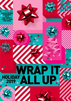 the wrap it holiday all up flyer is shown in red, pink and blue colors