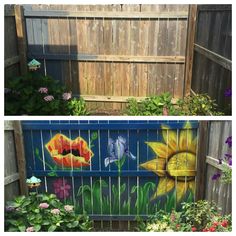 two pictures of the same fence with flowers painted on it and one has a sunflower