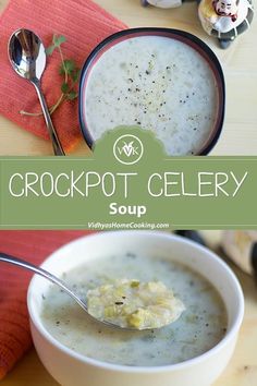 a bowl of crockpot celery soup on a table with spoons