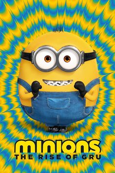 a yellow minion with big eyes sitting in front of a blue and yellow background