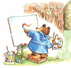 a cartoon bear painting on an easel with paintbrushes