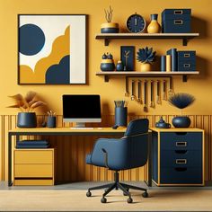 an office with yellow walls and blue furniture