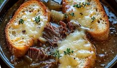 french toast with meat and gravy in a bowl