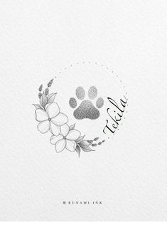 a dog's paw and flowers are shown in the center of this white background