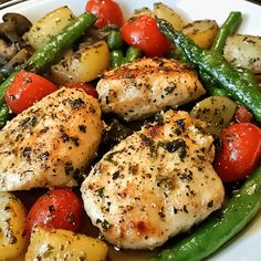 chicken, potatoes and green beans on a white plate with seasoning sprinkled