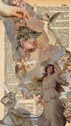 an image of a woman with flowers and angels above her head, in front of a book page